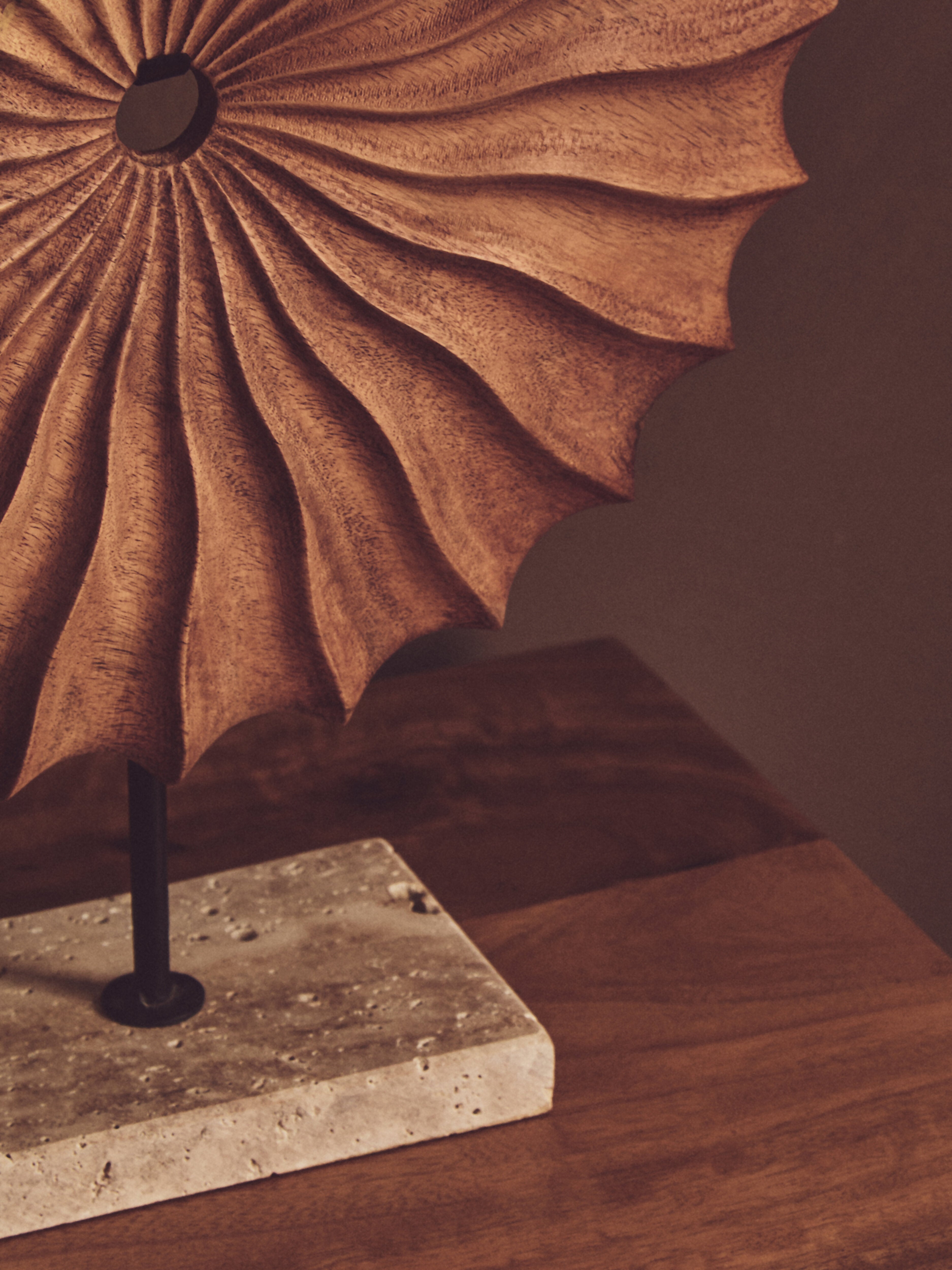 Lindos Natural Wood Round Sculpture with Travertine Base